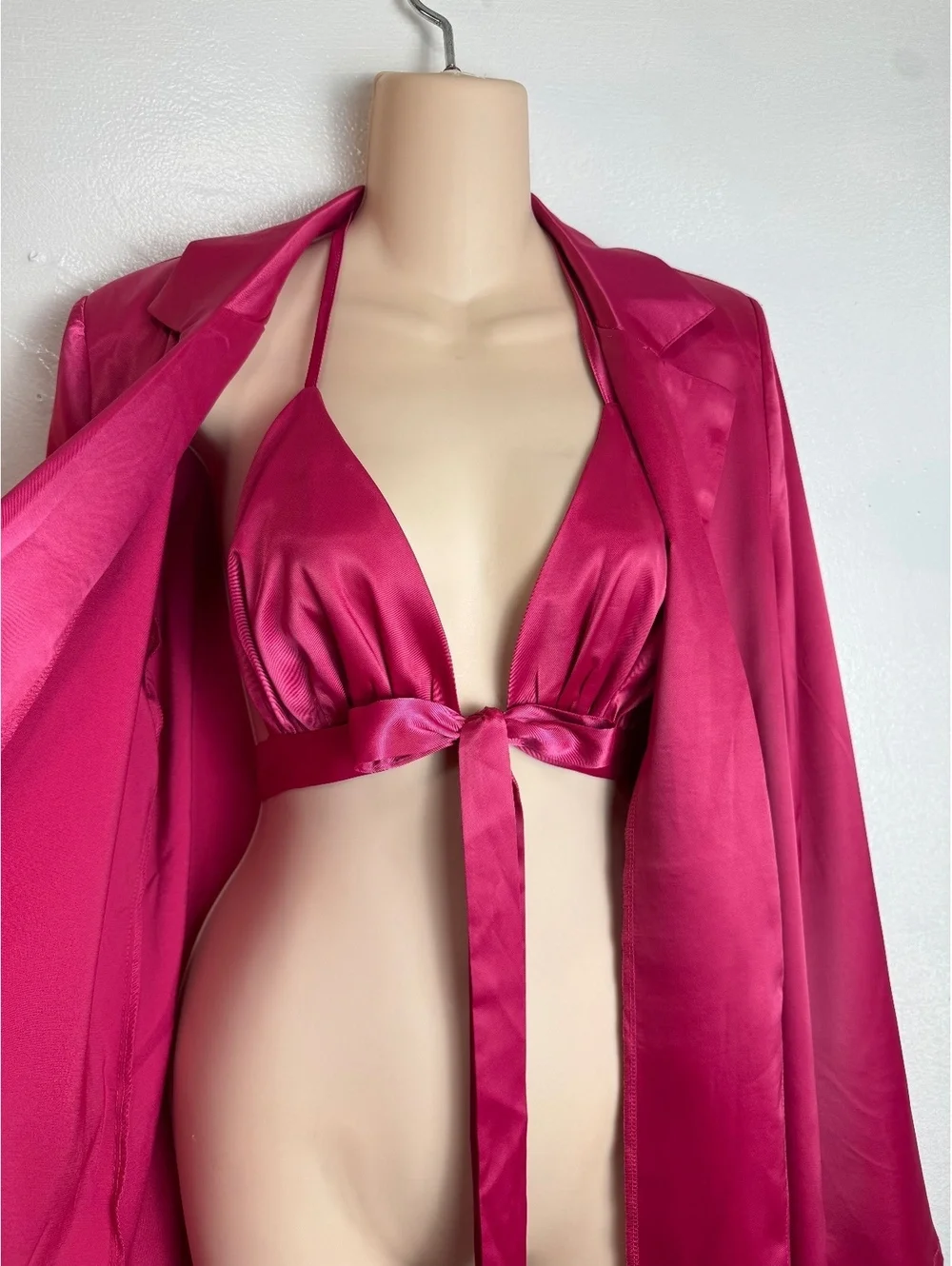 Women's Satin Fuchsia Two-Piece Set with Long Sleeve Jacket and Halter Top